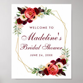 Floral Burgundy Gold Boho Vrijgezellenfeest Welkom Poster