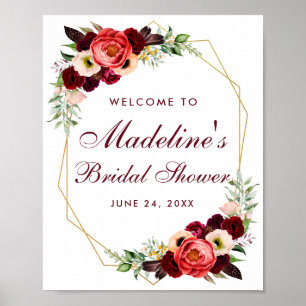 Floral Burgundy Gold Boho Vrijgezellenfeest Welkom Poster