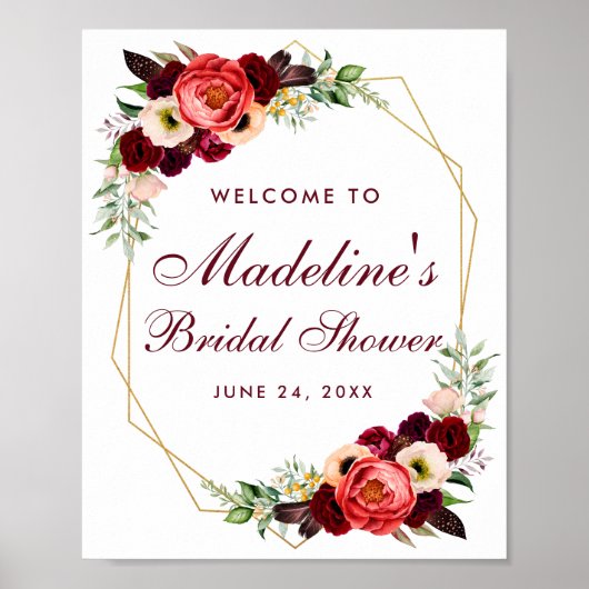 Floral Burgundy Gold Boho Vrijgezellenfeest Welkom Poster (Voorkant)