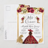 Floral Burgundy Gold Charra Princess Quinceanera Uitnodiging Briefkaart (Voorkant / Achterkant)