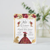 Floral Burgundy Gold Charra Princess Quinceanera Uitnodiging Briefkaart (Staand voorkant)