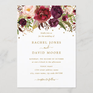Floral Burgundy Gold Confetti Wedding Kaart