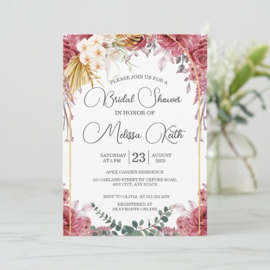 Floral Burgundy Gold Eucalyptus Vrijgezellenfeest Kaart (Staand voorkant)