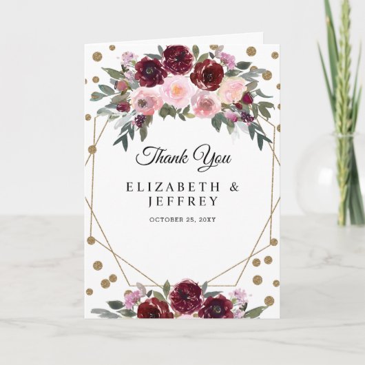 Floral Burgundy Gold Glitter Geometric Hartelijk d Bedankkaart (Voorkant)