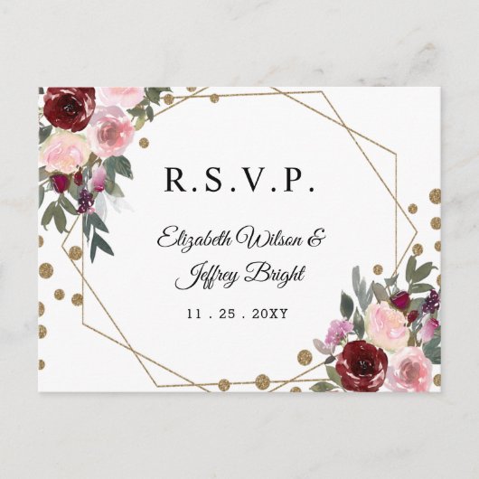 Floral Burgundy Gold Glitter Geometric RSVP Uitnodiging Briefkaart (Voorkant)