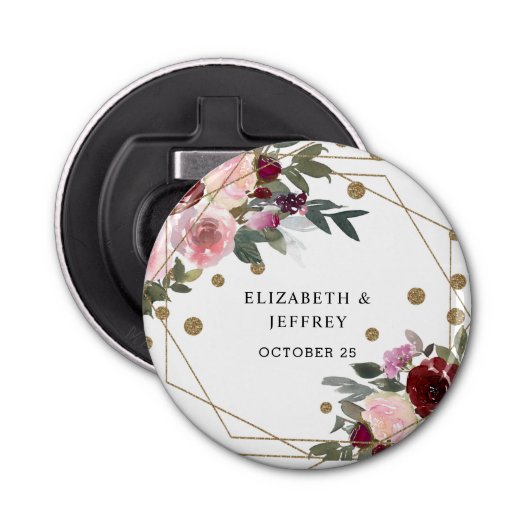 Floral Burgundy Gold Glitter Geometric Wedding Button Flesopener (Voorkant)