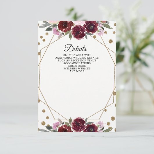 Floral Burgundy Gold Glitter Geometric Wedding Informatiekaartje (Staand voorkant)