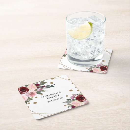 Floral Burgundy Gold Glitter Geometric Wedding Kartonnen Onderzetters (Insitu)