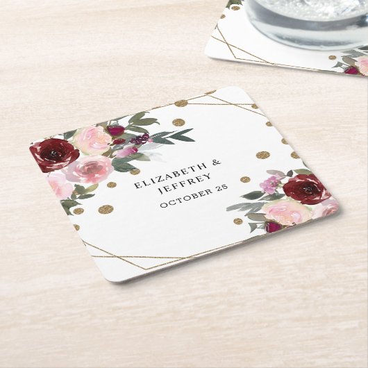 Floral Burgundy Gold Glitter Geometric Wedding Kartonnen Onderzetters (Schuin)