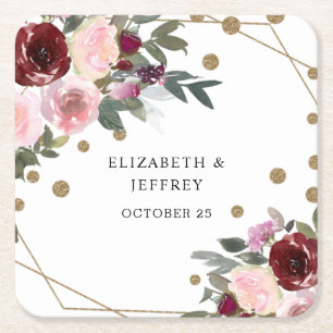 Floral Burgundy Gold Glitter Geometric Wedding Kartonnen Onderzetters