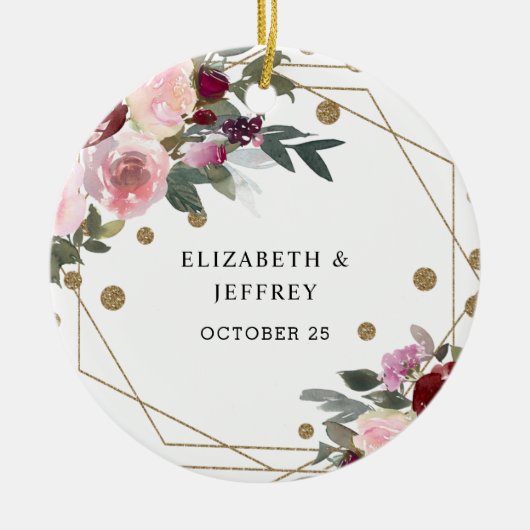 Floral Burgundy Gold Glitter Geometric Wedding Keramisch Ornament (Voorkant)