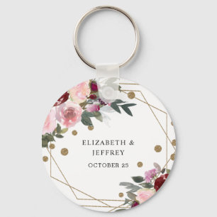 Floral Burgundy Gold Glitter Geometric Wedding Key Sleutelhanger