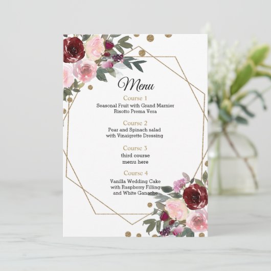 Floral Burgundy Gold Glitter Geometric Wedding Menu (Staand voorkant)