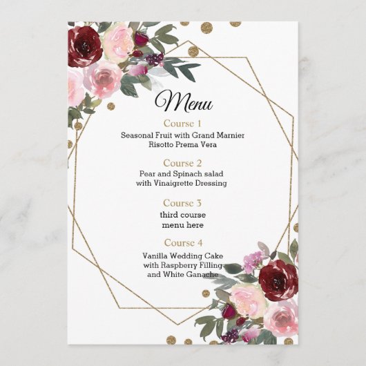 Floral Burgundy Gold Glitter Geometric Wedding Menu (Voorkant)
