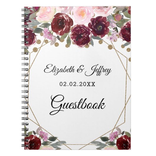 Floral Burgundy Gold Glitter Geometric Wedding Notitieboek (Voorkant)