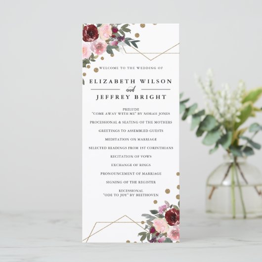 Floral Burgundy Gold Glitter Geometric Wedding Programmakaart (Staand voorkant)