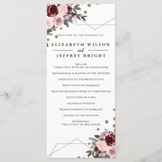 Floral Burgundy Gold Glitter Geometric Wedding Programmakaart (Voorkant)