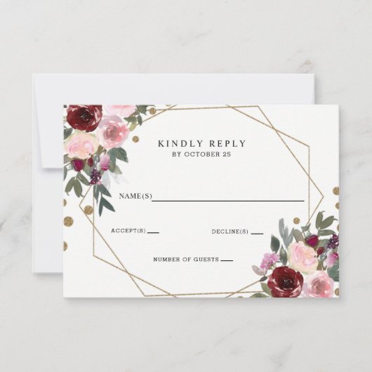 Floral Burgundy Gold Glitter Geometric Wedding RSVP Kaartje (Voorkant)
