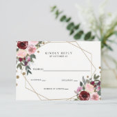 Floral Burgundy Gold Glitter Geometric Wedding RSVP Kaartje (Staand voorkant)
