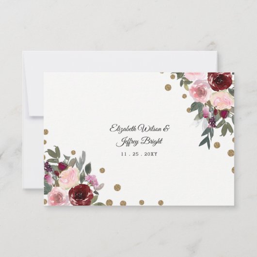 Floral Burgundy Gold Glitter Geometric Wedding RSVP Kaartje (Achterkant)