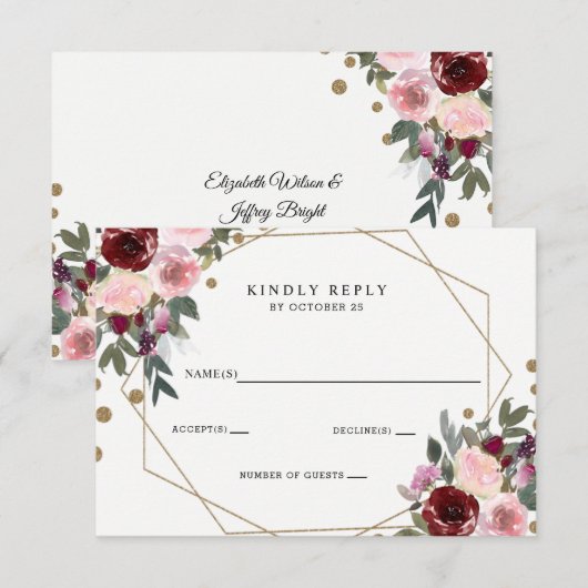 Floral Burgundy Gold Glitter Geometric Wedding RSVP Kaartje (Voorkant / Achterkant)