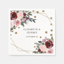 Floral Burgundy Gold Glitter Geometric Wedding Servet