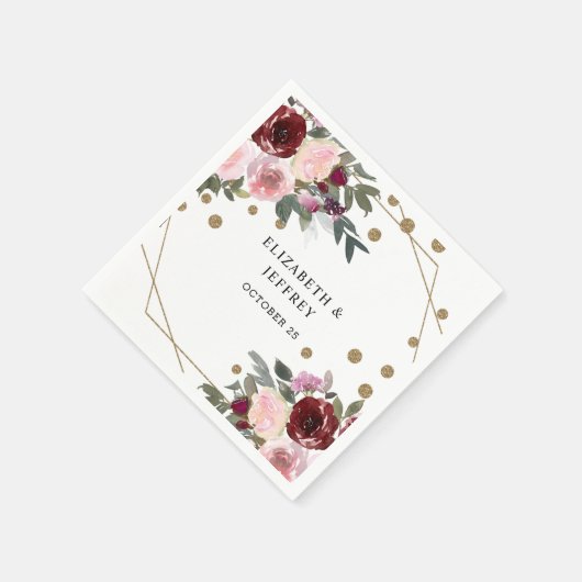 Floral Burgundy Gold Glitter Geometric Wedding Servet (Hoek)