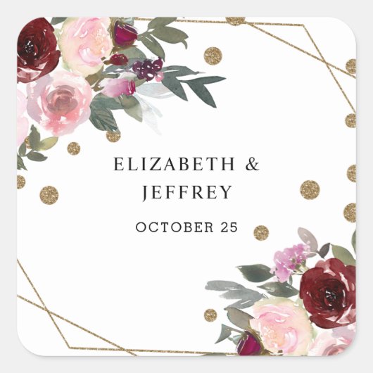 Floral Burgundy Gold Glitter Geometric Wedding Vierkante Sticker (Voorkant)