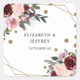 Floral Burgundy Gold Glitter Geometric Wedding Vierkante Sticker