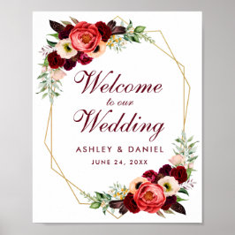 Floral Burgundy Gold Lijst Boho Wedding Welkom Poster