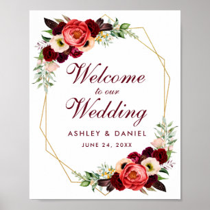 Floral Burgundy Gold Lijst Boho Wedding Welkom Poster