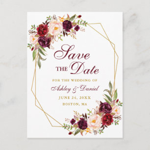 Floral Burgundy Gold Lijst Save the Date Aankondigingskaart