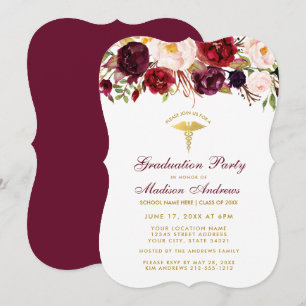 Floral Burgundy Gold Medical Afstudeerder Party In Kaart