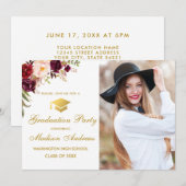 Floral Burgundy Gold Photo Graduparty nodigt uit Kaart (Voorkant / Achterkant)