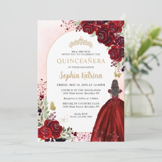 Floral Burgundy Gold Princess Birthday Quinceanera Kaart (Staand voorkant)