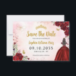 Floral Burgundy Gold Princess Birthday Quinceanera Save The Date<br><div class="desc">Bloemen Bourgogne Rode Maroon Goud Prinses Jurk Glitter Sparkle Tiara Kroon Vlinder 15e Verjaardag Quinceanera Save the Date</div>