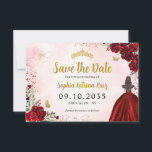 Floral Burgundy Gold Princess Birthday Quinceanera Save The Date<br><div class="desc">Bloemen Bourgogne Rode Maroon Goud Prinses Jurk Glitter Sparkle Tiara Kroon Vlinder 15e Verjaardag Quinceanera Save the Date</div>