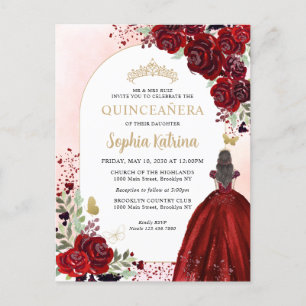 Floral Burgundy Gold Princess Birthday Quinceanera Uitnodiging Briefkaart