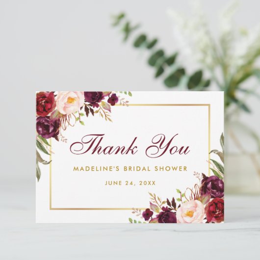 Floral Burgundy Gold Vrijgezellenfeest Bedankt B Kaart (Staand voorkant)