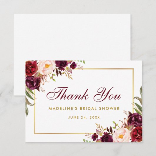 Floral Burgundy Gold Vrijgezellenfeest Bedankt B Kaart (Voorkant / Achterkant)