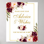 Floral Burgundy Gold Wedding Advice en Wishes Poster (Voorkant)