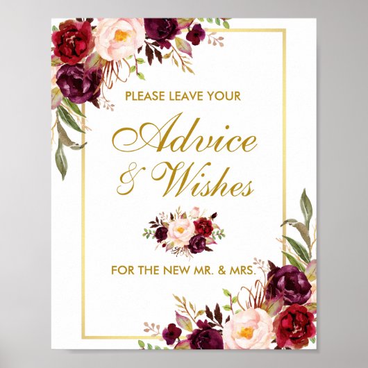 Floral Burgundy Gold Wedding Advice en Wishes Poster (Voorkant)