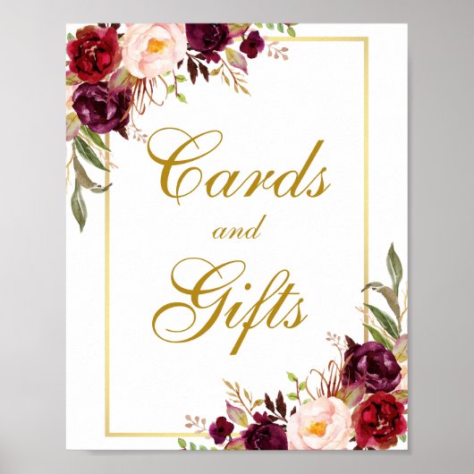 Floral Burgundy Gold Wedding Cards Gifts Poster (Voorkant)