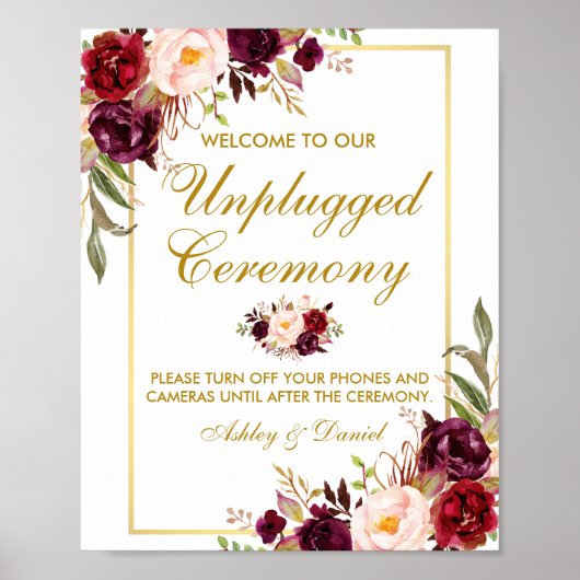 Floral Burgundy Gold Wedding Ceremonie zonder stop Poster (Voorkant)