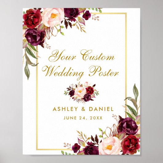 Floral Burgundy Gold Wedding Custom Poster (Voorkant)