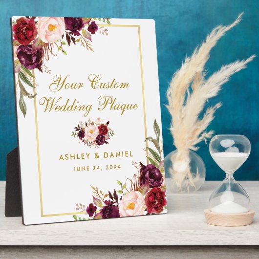 Floral Burgundy Gold Wedding Custom Table Fotoplaat (Zijkant)