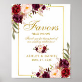 Floral Burgundy Gold Wedding Favors Poster (Voorkant)