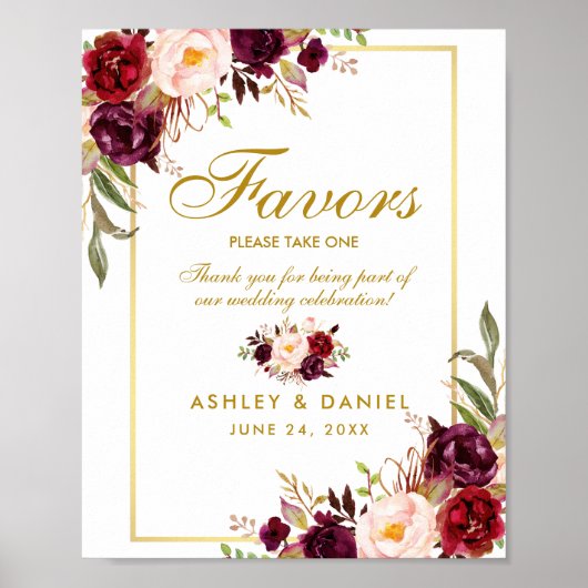 Floral Burgundy Gold Wedding Favors Poster (Voorkant)