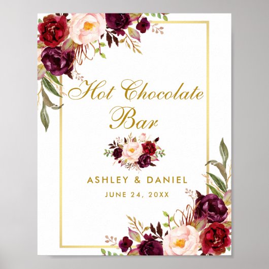 Floral Burgundy Gold Wedding Hot Chocolate Bar Poster (Voorkant)