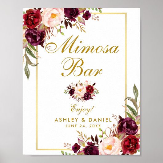 Floral Burgundy Gold Wedding Mimosa Bar Poster (Voorkant)